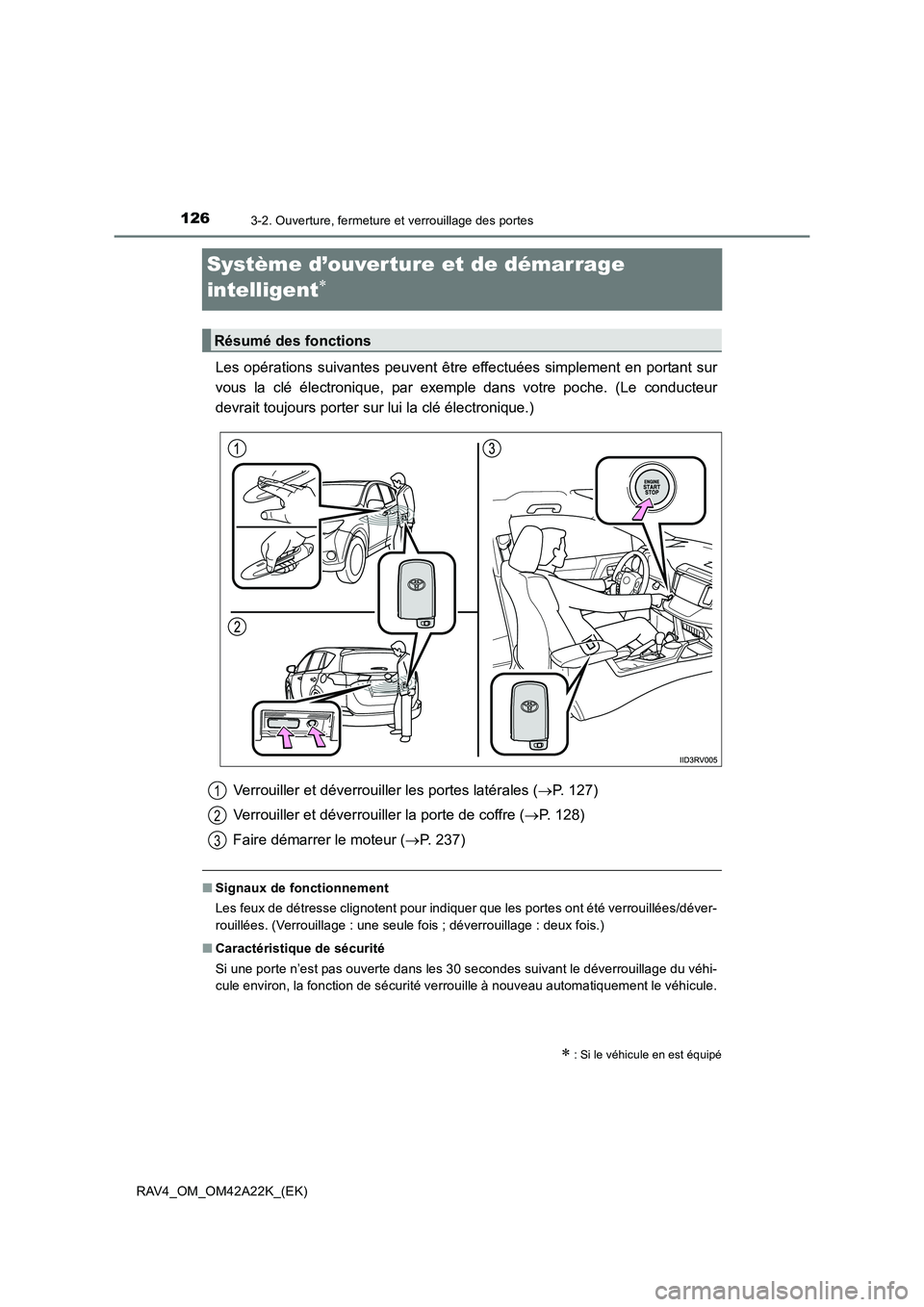 TOYOTA RAV4 2014  Manuel du propriétaire (in French) 1263-2. Ouverture, fermeture et verrouillage des portes
RAV4_OM_OM42A22K_(EK)
Système d’ouverture et de démarrage 
intelligent
∗
Les opérations suivantes peuvent être effectuées simplement en