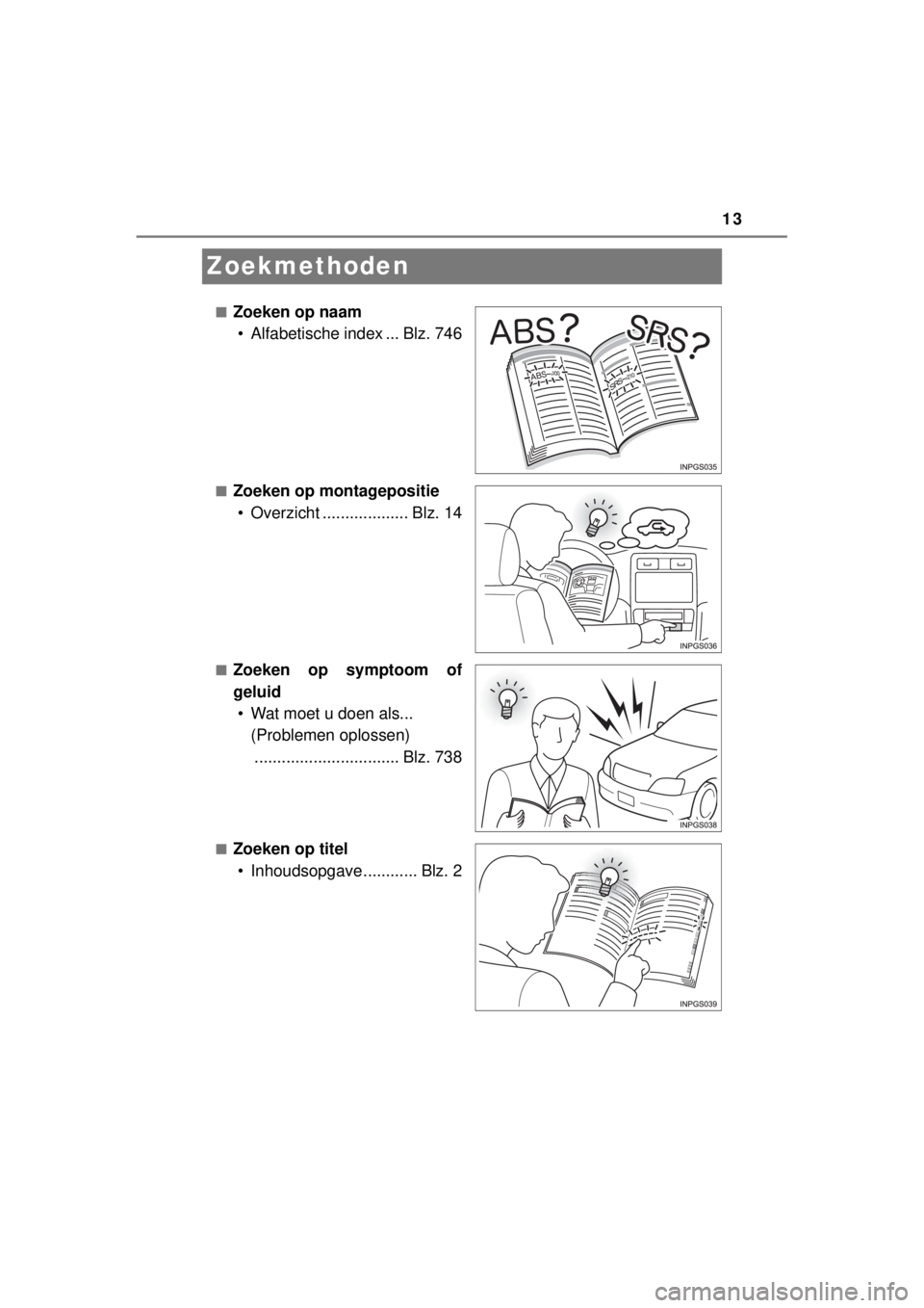 TOYOTA RAV4 2014  Instructieboekje (in Dutch) 13
RAV4_OM_OM42A21E_(EE)
Zoekmethoden
■Zoeken op naam
• Alfabetische index ... Blz. 746
■Zoeken op montagepositie
• Overzicht ................... Blz. 14
■Zoeken op symptoom of
geluid
• Wa