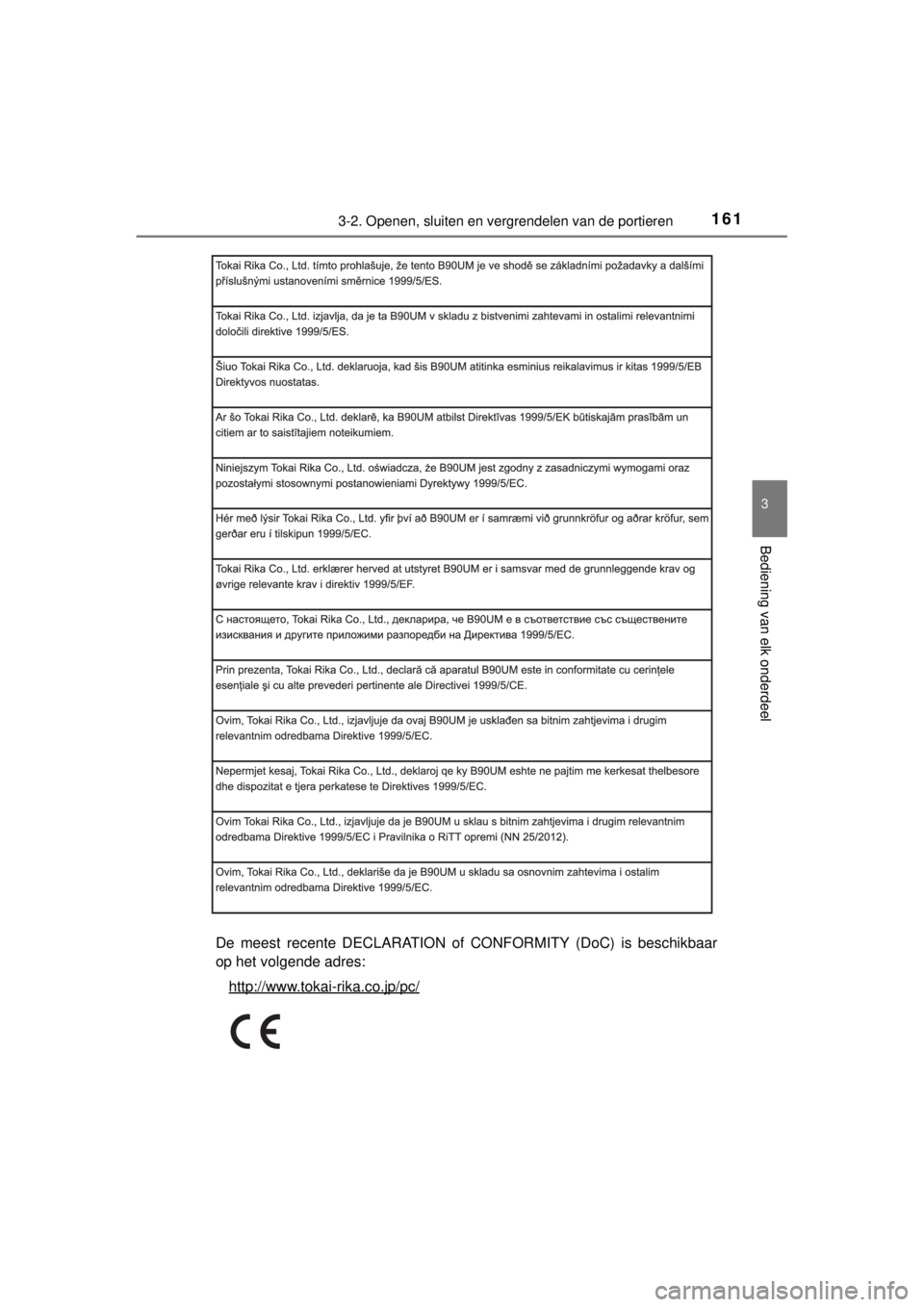 TOYOTA RAV4 2014  Instructieboekje (in Dutch) 1613-2. Openen, sluiten en vergrendelen van de portieren
3
Bediening van elk onderdeel
RAV4_OM_OM42A21E_(EE)De meest recente DECLARATION of CONFORMITY (DoC) is beschikbaar
op het volgende adres:
http: