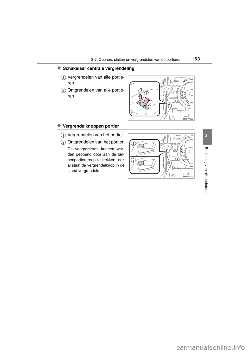 TOYOTA RAV4 2014  Instructieboekje (in Dutch) 1633-2. Openen, sluiten en vergrendelen van de portieren
3
Bediening van elk onderdeel
RAV4_OM_OM42A21E_(EE)
◆Schakelaar centrale vergrendeling
Vergrendelen van alle portie-
ren
Ontgrendelen van all