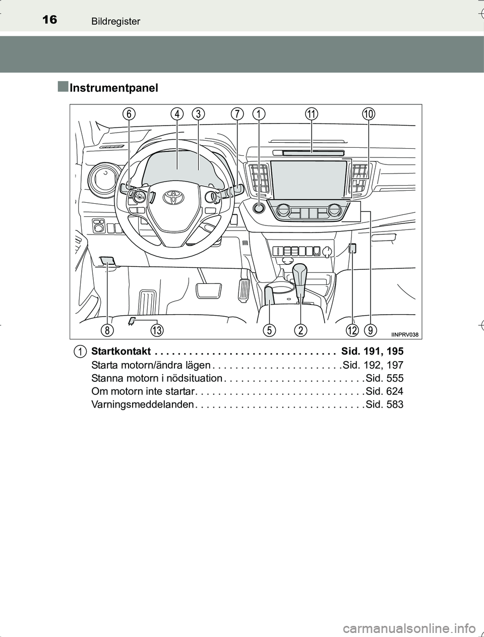 TOYOTA RAV4 2014  Bruksanvisningar (in Swedish) 16Bildregister
OM42A21
nInstrumentpanel
Startkontakt  . . . . . . . . . . . . . . . . . . . . . . . . . . . . . . . .  Sid. 191, 195
Starta motorn/ändra lägen . . . . . . . . . . . . . . . . . . . .