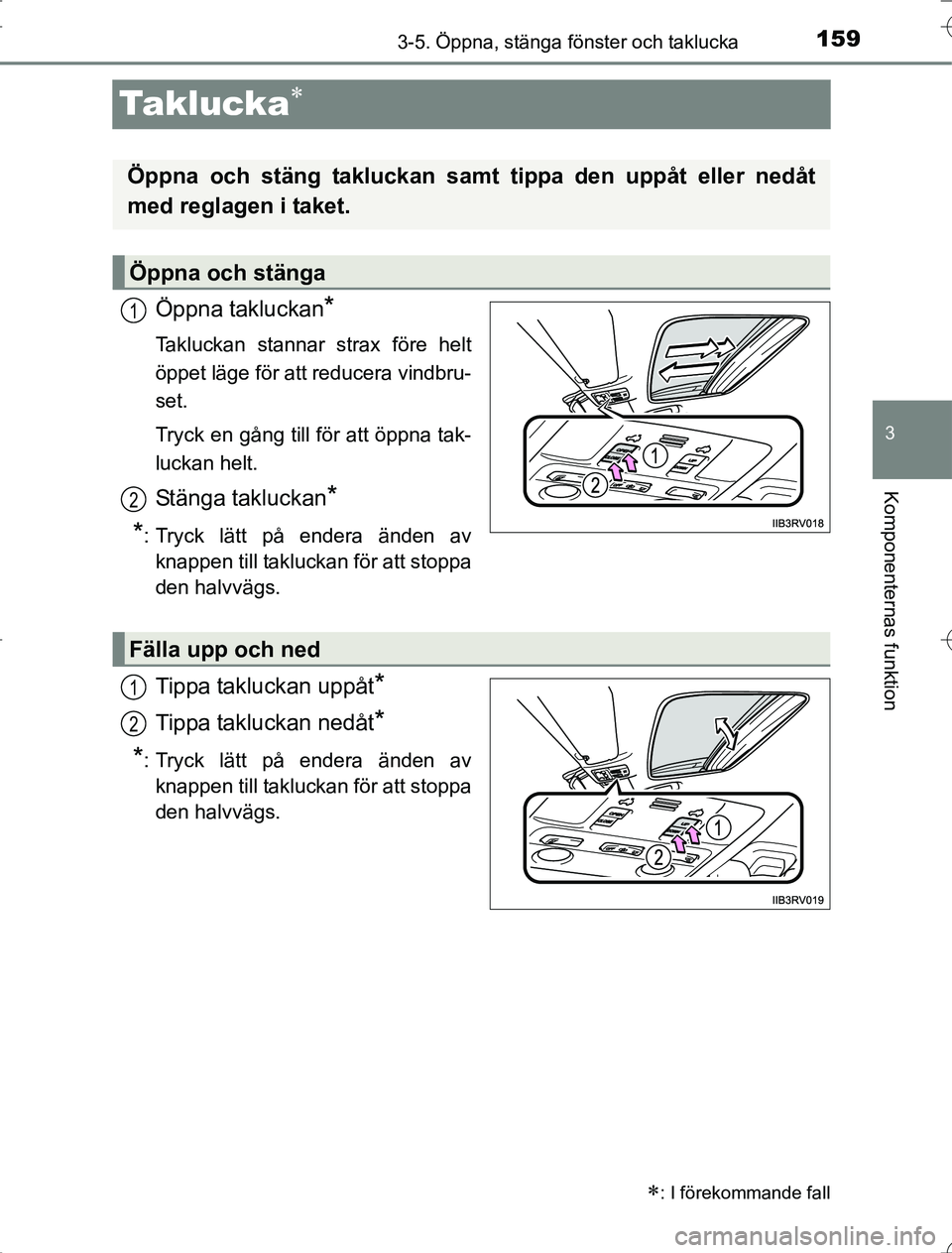 TOYOTA RAV4 2014  Bruksanvisningar (in Swedish) 159
3
3-5. Öppna, stänga fönster och taklucka
Komponenternas funktion
OM42A21
Taklucka
Öppna takluckan*
Takluckan stannar strax före helt
öppet läge för att reducera vindbru-
set.
Tryck en 