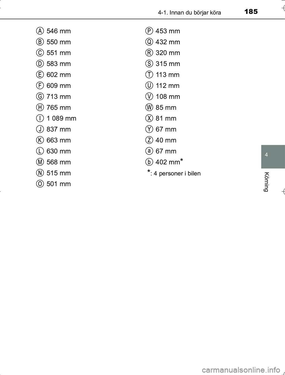 TOYOTA RAV4 2014  Bruksanvisningar (in Swedish) 1854-1. Innan du börjar köra
4
Körning
OM42A21
546 mm
550 mm
551 mm
583 mm
602 mm
609 mm
713 mm
765 mm
1 089 mm
837 mm
663 mm
630 mm
568 mm
515 mm
501 mm453 mm
432 mm
320 mm
315 mm
11 3  m m
11 2  