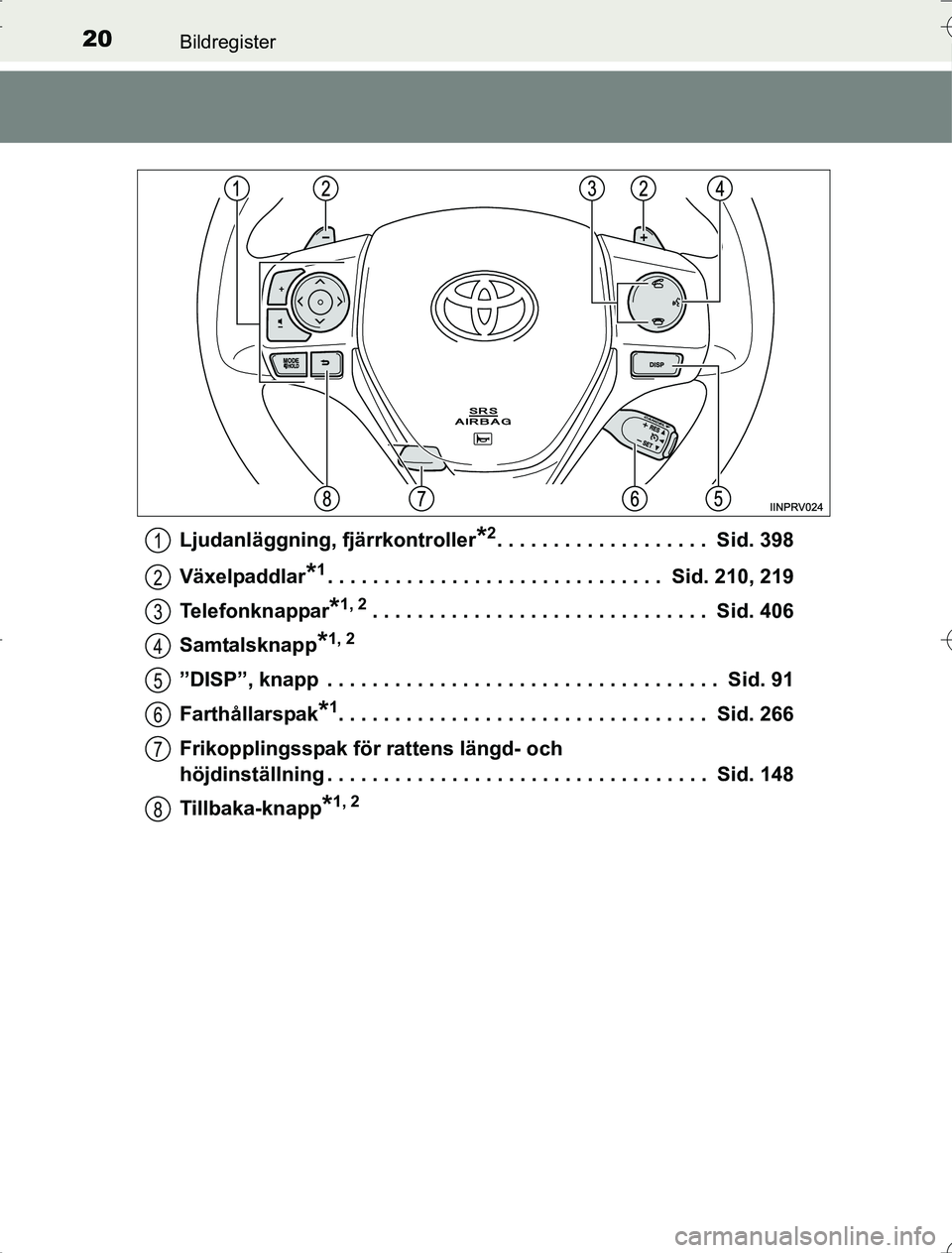 TOYOTA RAV4 2014  Bruksanvisningar (in Swedish) 20Bildregister
OM42A21Ljudanläggning, fjärrkontroller
*2. . . . . . . . . . . . . . . . . . .  Sid. 398
Växelpaddlar
*1. . . . . . . . . . . . . . . . . . . . . . . . . . . . . .  Sid. 210, 219
Tel