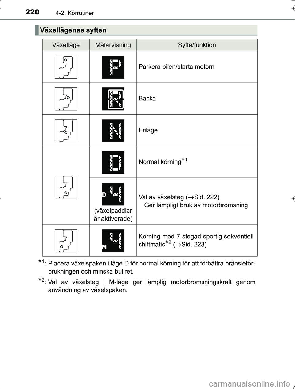 TOYOTA RAV4 2014  Bruksanvisningar (in Swedish) 2204-2. Körrutiner
OM42A21
*1: Placera växelspaken i läge D för normal körning för att förbättra bränsleför-brukningen och minska bullret.
*2: Val av växelsteg i M-läge ger lämplig motorb