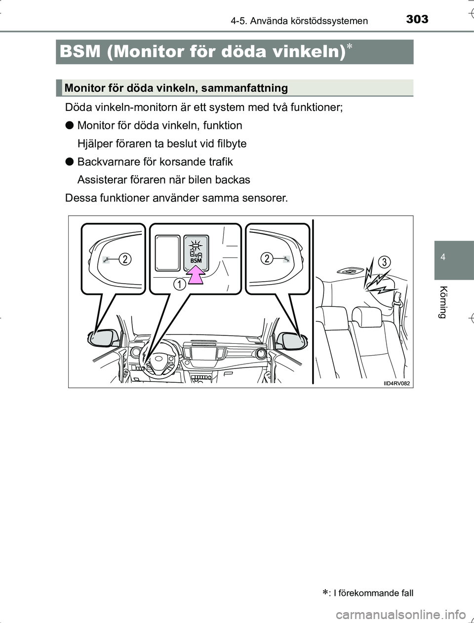 TOYOTA RAV4 2014  Bruksanvisningar (in Swedish) 303
4
4-5. Använda körstödssystemen
Körning
OM42A21
BSM (Monitor för döda vinkeln)
Döda vinkeln-monitorn är ett system med två funktioner;
lMonitor för döda vinkeln, funktion
Hjälper f