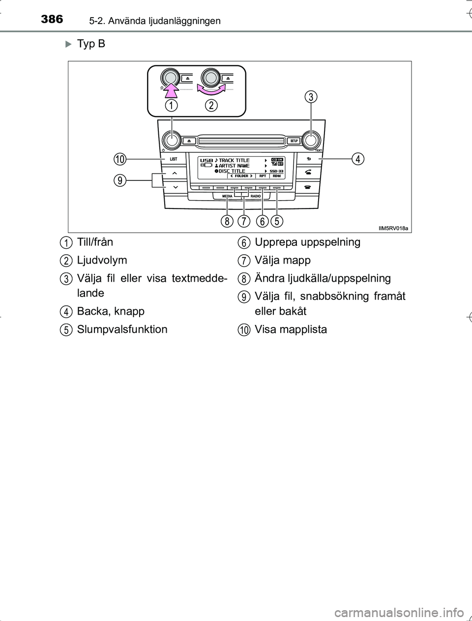 TOYOTA RAV4 2014  Bruksanvisningar (in Swedish) 3865-2. Använda ljudanläggningen
OM42A21
Ty p  B
Till/från
Ljudvolym
Välja fil eller visa textmedde-
lande
Backa, knapp
SlumpvalsfunktionUpprepa uppspelning
Välja mapp
Ändra ljudkälla/uppspe