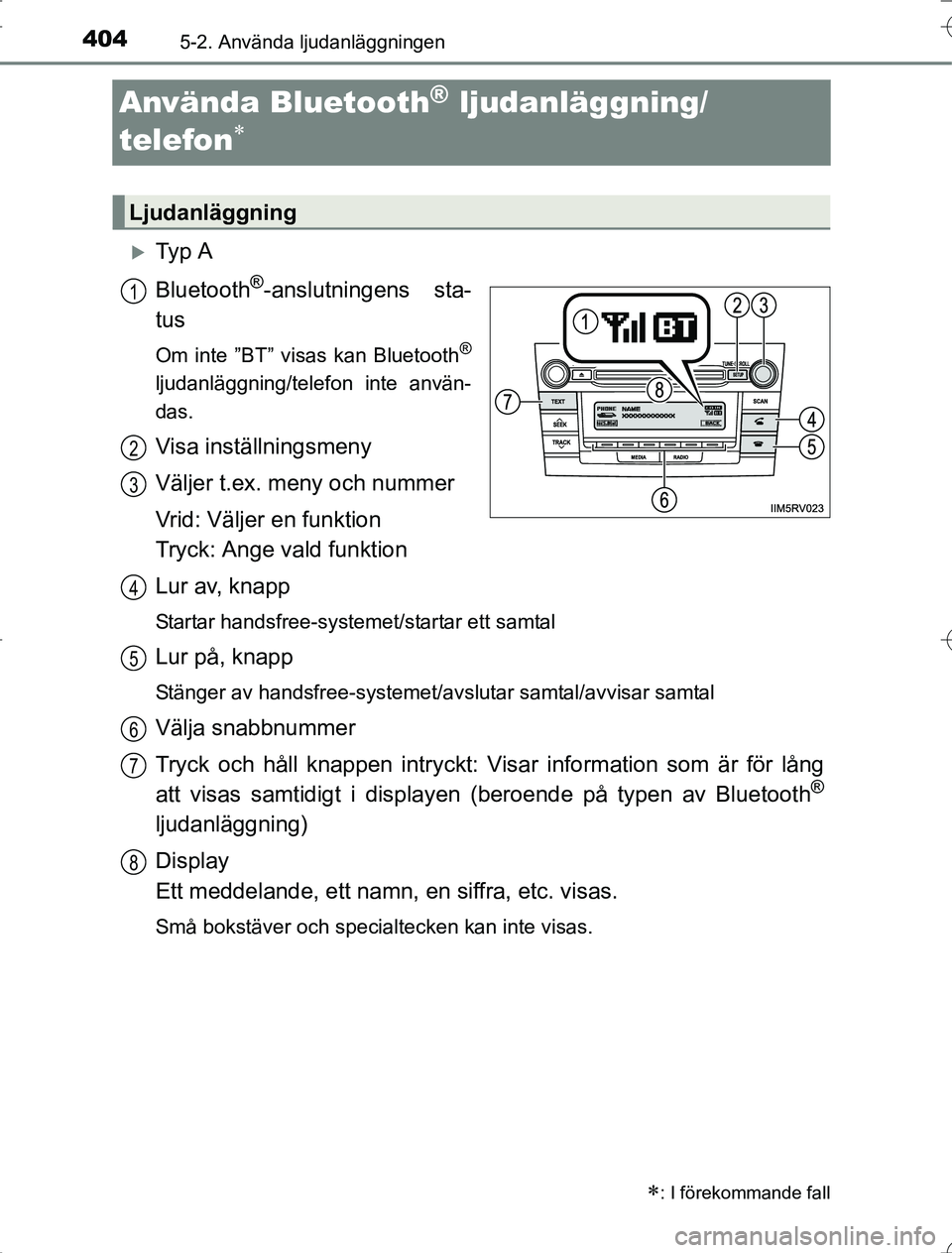 TOYOTA RAV4 2014  Bruksanvisningar (in Swedish) 4045-2. Använda ljudanläggningen
OM42A21
Använda Bluetooth® ljudanläggning/
telefon

Ty p  A
Bluetooth
®-anslutningens sta-
tus
Om inte ”BT” visas kan Bluetooth®
ljudanläggning/telef