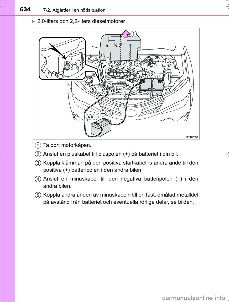 TOYOTA RAV4 2014  Bruksanvisningar (in Swedish) 6347-2. Åtgärder i en nödsituation
OM42A21
2,0-liters och 2,2-liters dieselmotorerTa bort motorkåpan.
Anslut en pluskabel till pluspolen (+) på batteriet i din bil.
Koppla klämman på den pos