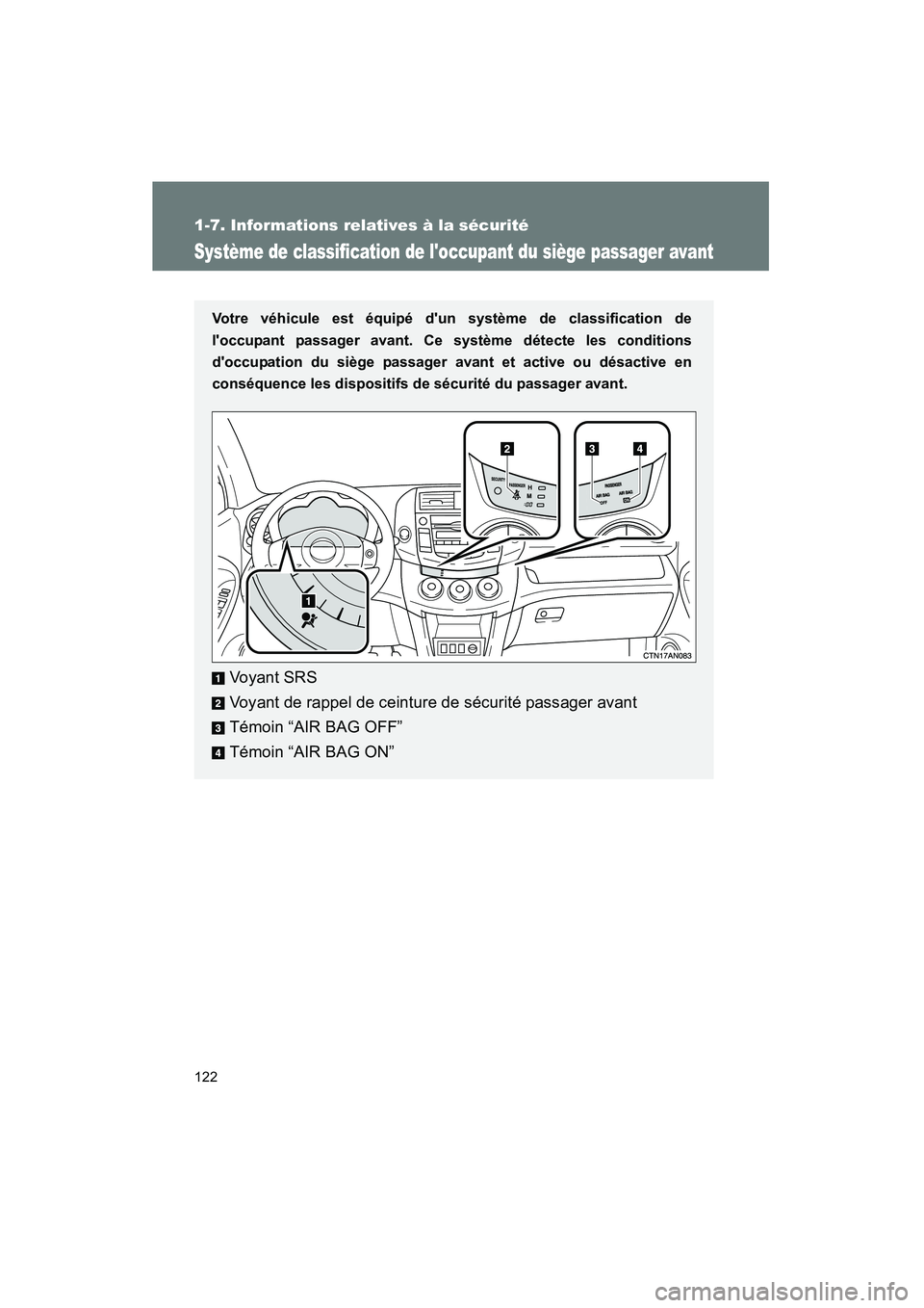 TOYOTA RAV4 2010  Manuel du propriétaire (in French) 122
1-7. Informations relatives à la sécurité
Rav4_D
Système de classification de loccupant du siège passager avant
Votre véhicule est équipé dun système de classification de
loccupant pas