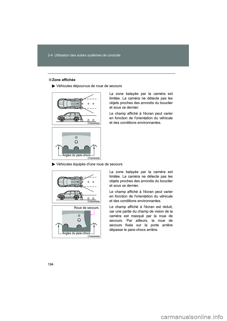 TOYOTA RAV4 2010  Manuel du propriétaire (in French) 194 2-4. Utilisation des autres systèmes de conduite
Rav4_D
■Zone affichée
Véhicules dépourvus de roue de secours
Véhicules équipés dune roue de secours
La zone balayée par la caméra est
l