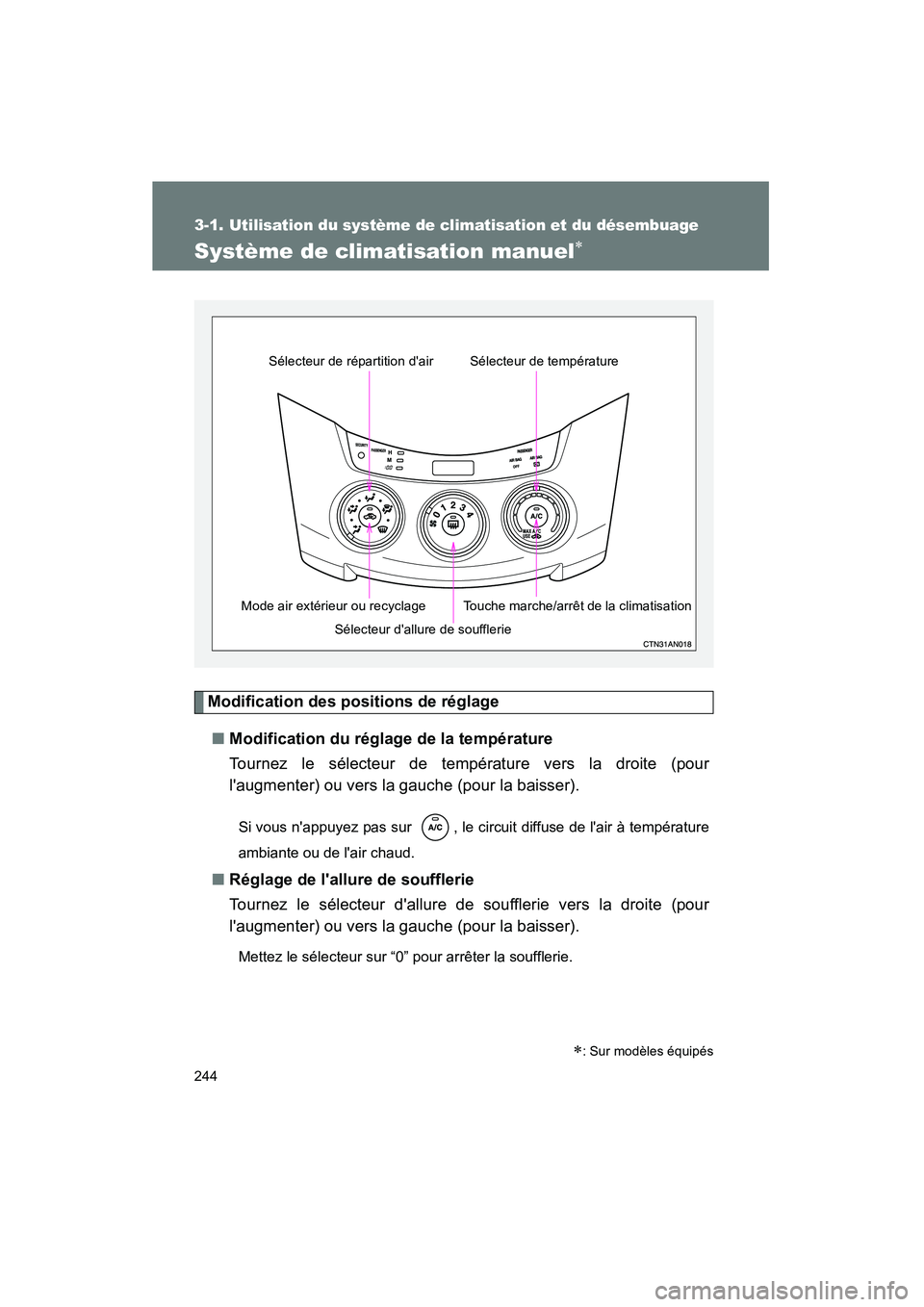 TOYOTA RAV4 2010  Manuel du propriétaire (in French) 244
Rav4_D
3-1. Utilisation du système de climatisation et du désembuage
Système de climatisation manuel∗
Modification des positions de réglage■ Modification du réglage de la température
Tou