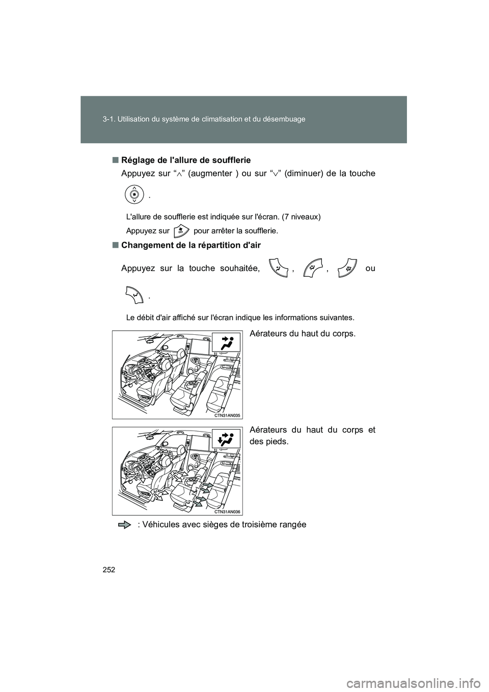TOYOTA RAV4 2010  Manuel du propriétaire (in French) 252 3-1. Utilisation du système de climatisation et du désembuage
Rav4_D■
Réglage de lallure de soufflerie
Appuyez sur “ ∧” (augmenter ) ou sur “ ∨” (diminuer) de la touche
.
Lallur