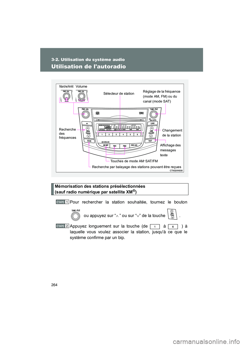 TOYOTA RAV4 2010  Manuel du propriétaire (in French) 264
3-2. Utilisation du système audio
Rav4_D
Utilisation de lautoradio
Mémorisation des stations présélectionnées 
(sauf radio numérique par satellite XM®)
Pour rechercher la station souhaité