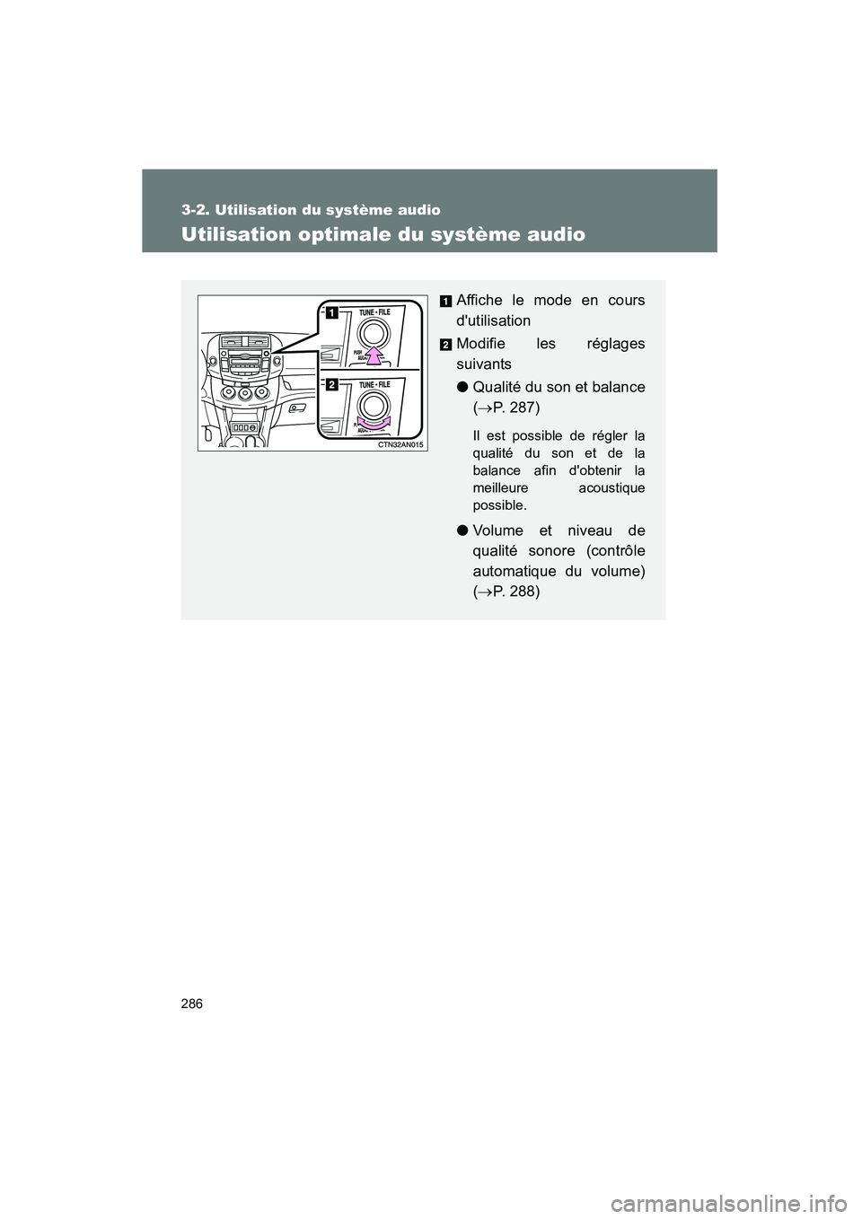 TOYOTA RAV4 2010  Manuel du propriétaire (in French) 286
3-2. Utilisation du système audio
Rav4_D
Utilisation optimale du système audio
Affiche le mode en cours
dutilisation
Modifie les réglages
suivants
●Qualité du son et balance
(→ P. 287)
Il