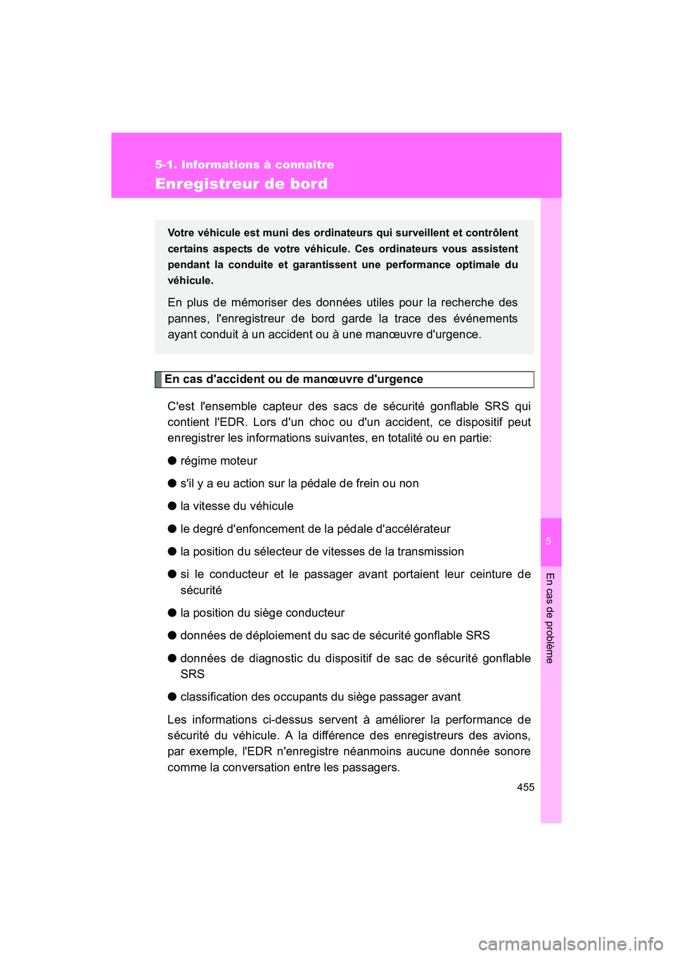TOYOTA RAV4 2010  Manuel du propriétaire (in French) 5
En cas de problème
455
5-1. Informations à connaître
Rav4_D
Enregistreur de bord
En cas daccident ou de manœuvre durgenceCest lensemble capteur des sacs de sécurité gonflable SRS qui
conti
