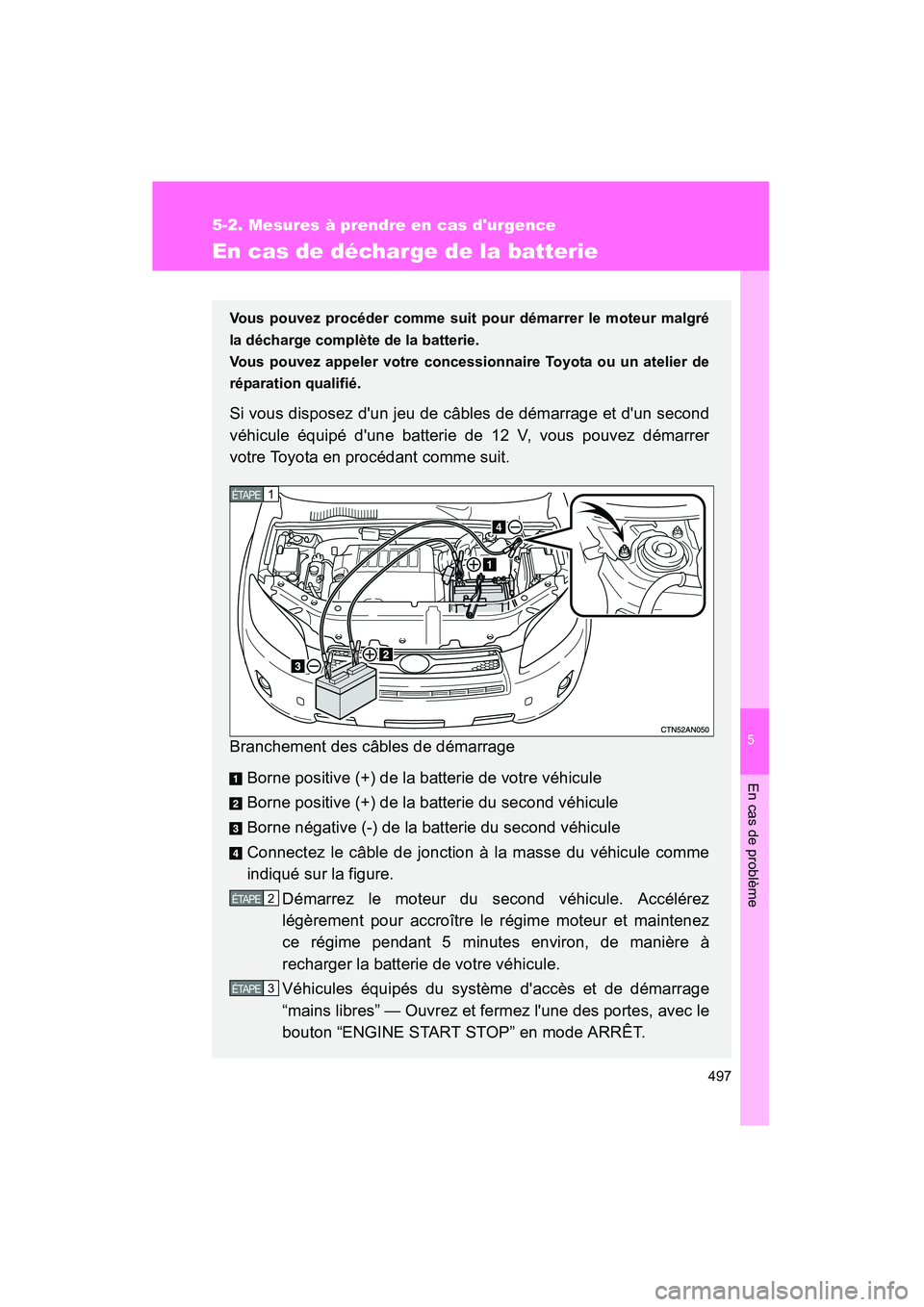 TOYOTA RAV4 2010 Manuel du propriétaire (in French) 5
En cas de problème
497
5-2. Mesures à prendre en cas durgence
Rav4_D
En cas de décharge de la batterie
Vous pouvez procéder comme suit pour démarrer le moteur malgré
la décharge complète de TOYOTA RAV4 2010 Manuel du propriétaire (in French) 5
En cas de problème
497
5-2. Mesures à prendre en cas durgence
Rav4_D
En cas de décharge de la batterie
Vous pouvez procéder comme suit pour démarrer le moteur malgré
la décharge complète de