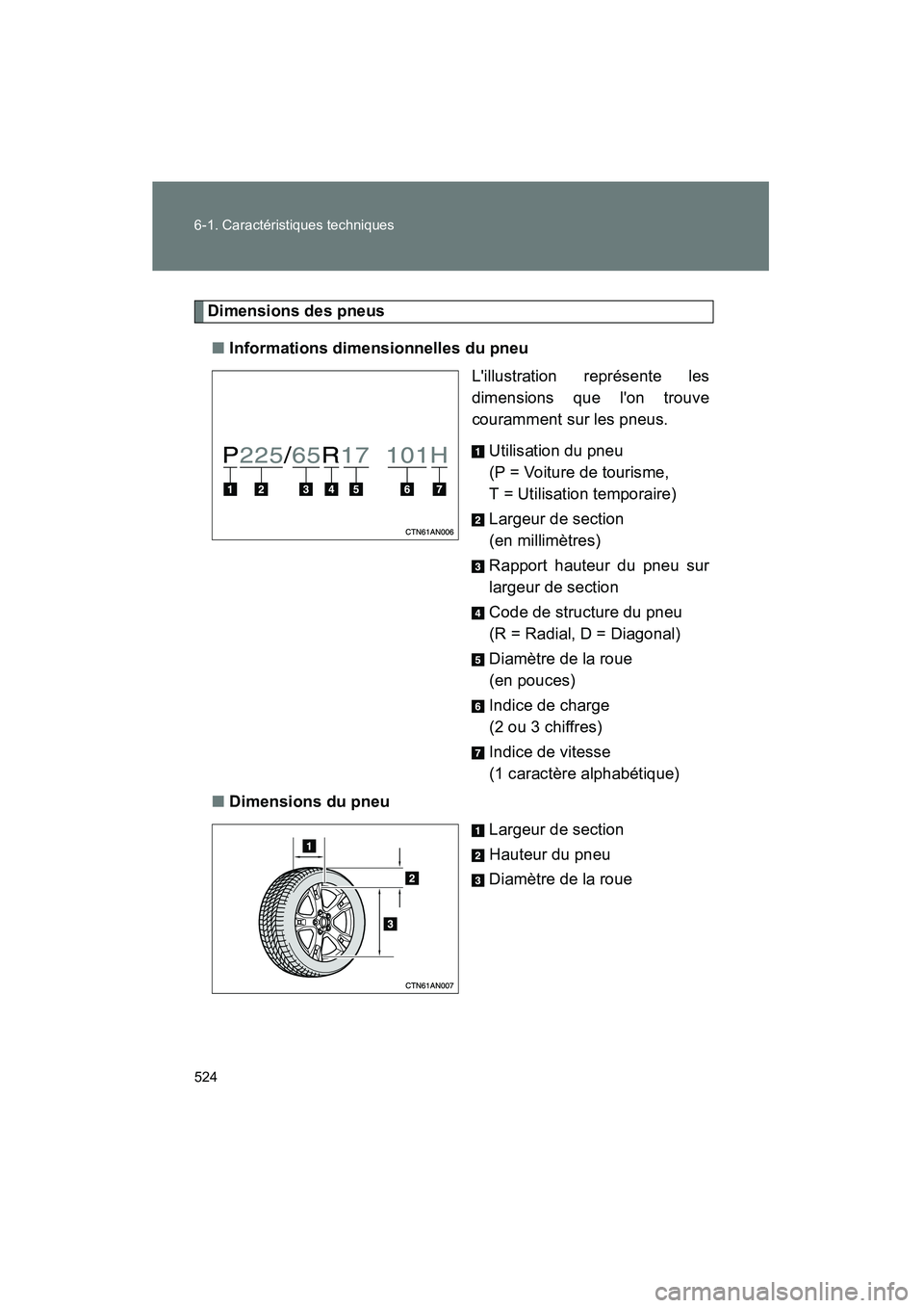 TOYOTA RAV4 2010  Manuel du propriétaire (in French) 524 6-1. Caractéristiques techniques
Rav4_D
Dimensions des pneus■ Informations dimensionnelles du pneu
Lillustration représente les
dimensions que lon trouve
couramment sur les pneus.
Utilisatio