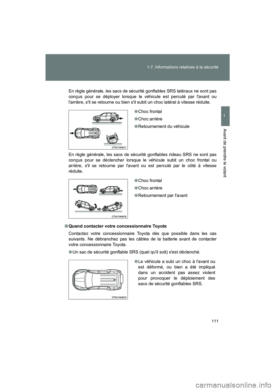 TOYOTA RAV4 2009 Manuel du propriétaire (in French) 111
1-7. Informations relatives à la sécurité
1
Avant de prendre le volant
Rav4_D_(L/O_0808)
En règle générale, les sacs de sécurité gonflables SRS latéraux ne sont pas
conçus pour se déplo TOYOTA RAV4 2009 Manuel du propriétaire (in French) 111
1-7. Informations relatives à la sécurité
1
Avant de prendre le volant
Rav4_D_(L/O_0808)
En règle générale, les sacs de sécurité gonflables SRS latéraux ne sont pas
conçus pour se déplo