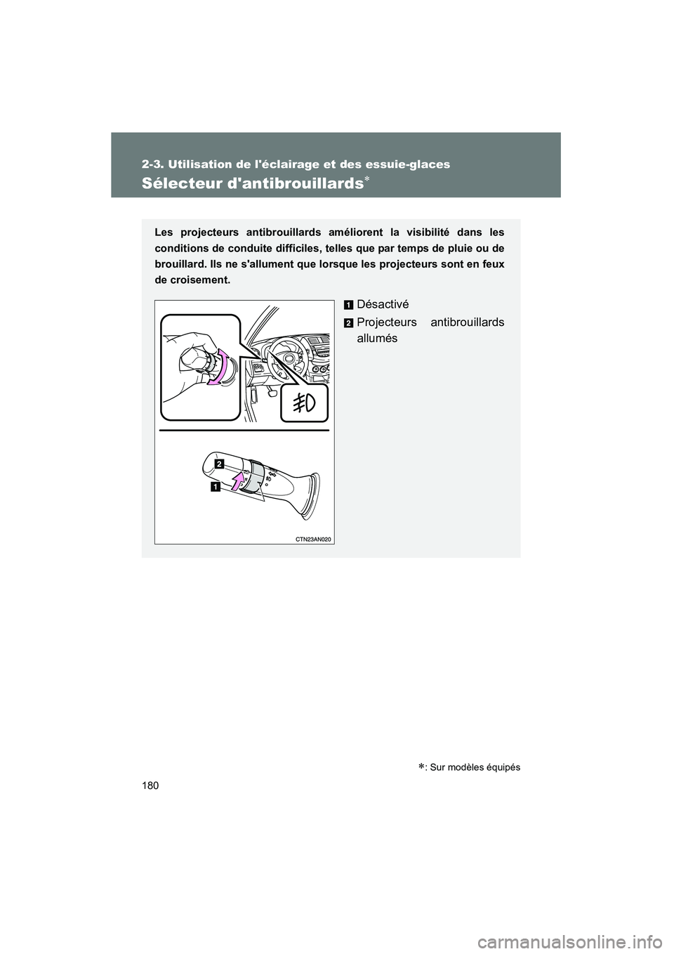 TOYOTA RAV4 2009  Manuel du propriétaire (in French) 180
2-3. Utilisation de léclairage et des essuie-glaces
Rav4_D_(L/O_0808)
Sélecteur dantibrouillards∗
Les projecteurs antibrouillards améliorent la visibilité dans les
conditions de conduite d