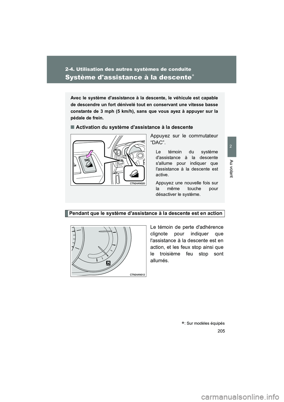 TOYOTA RAV4 2009  Manuel du propriétaire (in French) 205
2-4. Utilisation des autres systèmes de conduite
2
Au volant
Rav4_D_(L/O_0808)
Système dassistance à la descente∗
Pendant que le système dassistance à la descente est en actionLe témoin 