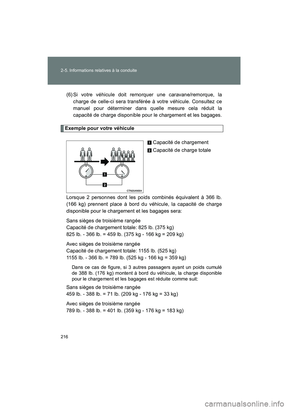 TOYOTA RAV4 2009 Manuel du propriétaire (in French) 216 2-5. Informations relatives à la conduite
Rav4_D_(L/O_0808)(6) Si votre véhicule doit remorquer une caravane/remorque, la
charge de celle-ci sera transférée à votre véhicule. Consultez ce
ma TOYOTA RAV4 2009 Manuel du propriétaire (in French) 216 2-5. Informations relatives à la conduite
Rav4_D_(L/O_0808)(6) Si votre véhicule doit remorquer une caravane/remorque, la
charge de celle-ci sera transférée à votre véhicule. Consultez ce
ma