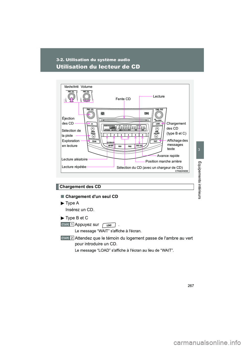 TOYOTA RAV4 2009  Manuel du propriétaire (in French) 267
3-2. Utilisation du système audio
3
Équipements intérieurs
Rav4_D_(L/O_0808)
Utilisation du lecteur de CD
Chargement des CD■ Chargement dun seul CD
Type A
Insérez un CD.
Type B et C
Appuyez