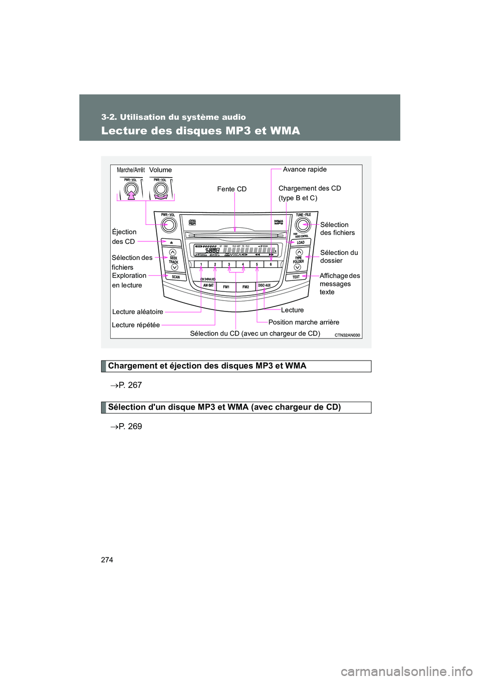 TOYOTA RAV4 2009  Manuel du propriétaire (in French) 274
3-2. Utilisation du système audio
Rav4_D_(L/O_0808)
Lecture des disques MP3 et WMA
Chargement et éjection des disques MP3 et WMA→ P.  2 6 7
Sélection dun disque MP3 et WMA (avec chargeur de 