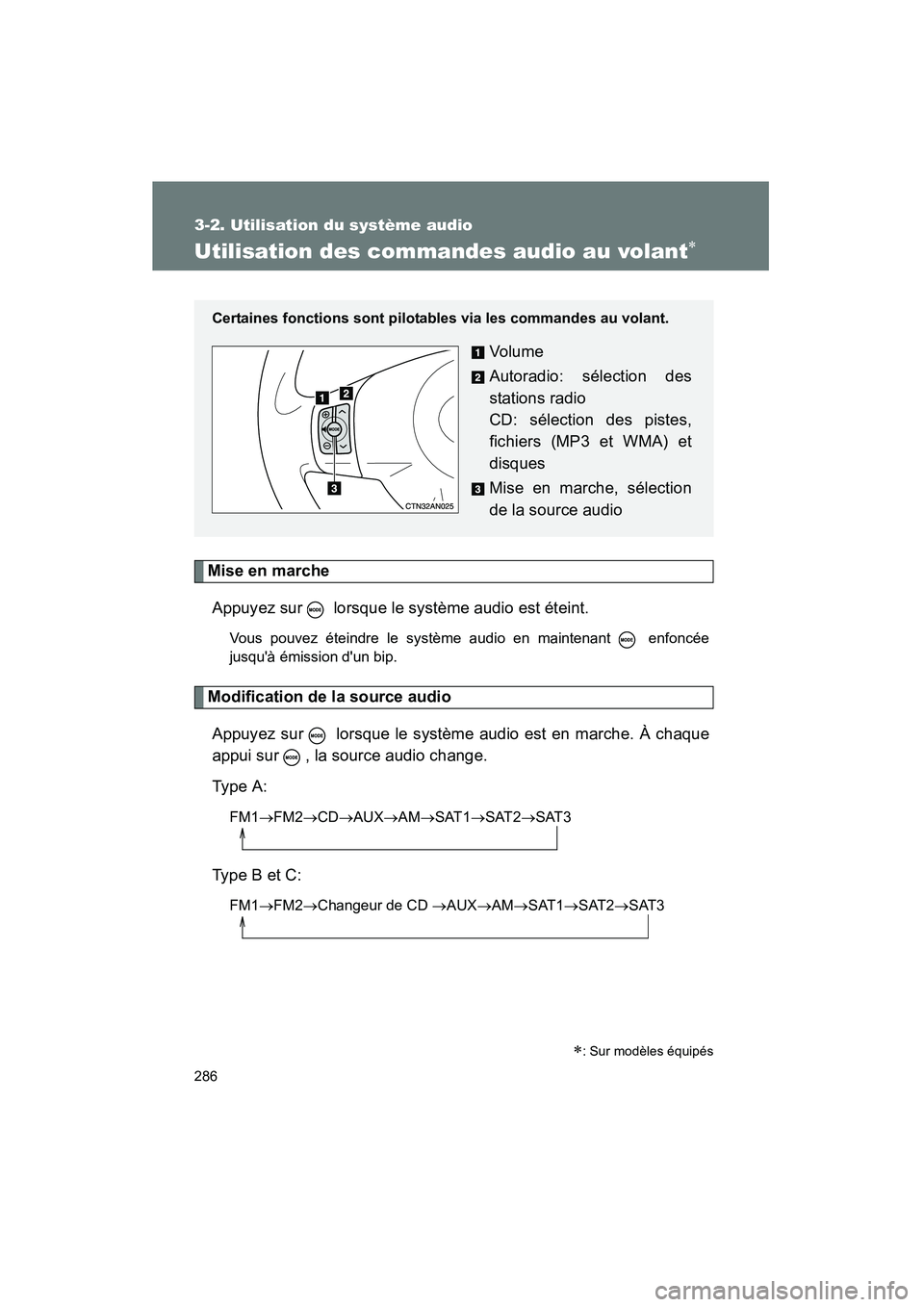 TOYOTA RAV4 2009  Manuel du propriétaire (in French) 286
3-2. Utilisation du système audio
Rav4_D_(L/O_0808)
Utilisation des commandes audio au volant∗
Mise en marcheAppuyez sur   lorsque le système audio est éteint.
Vous pouvez éteindre le systè