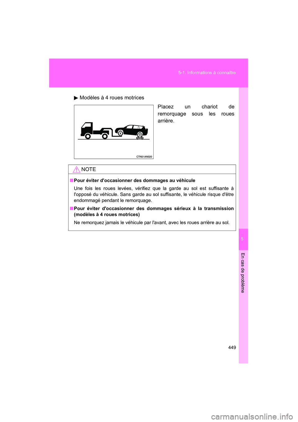 TOYOTA RAV4 2009  Manuel du propriétaire (in French) 5
En cas de problème
449
5-1. Informations à connaître
Rav4_D_(L/O_0808)
Modèles à 4 roues motrices
Placez un chariot de
remorquage sous les roues
arrière.
NOTE
■Pour éviter doccasionner des
