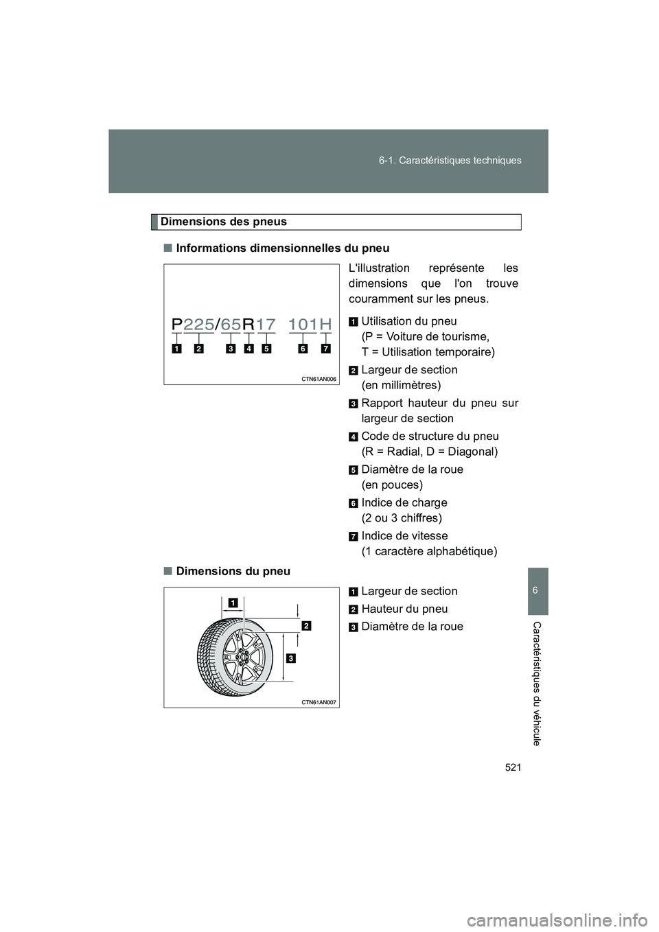 TOYOTA RAV4 2009  Manuel du propriétaire (in French) 521
6-1. Caractéristiques techniques
6
Caractéristiques du véhicule
Rav4_D_(L/O_0808)
Dimensions des pneus
■ Informations dimensionnelles du pneu
Lillustration représente les
dimensions que lo