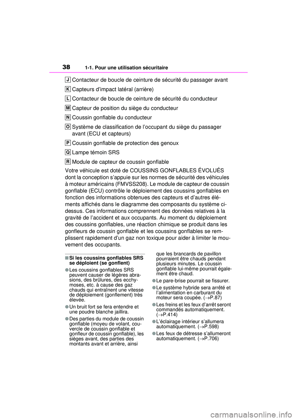 TOYOTA RAV4 HYBRID 2020  Manuel du propriétaire (in French) 381-1. Pour une utilisation sécuritaire
Contacteur de boucle de ceinture de sécurité du passager avant
Capteurs d’impact latéral (arrière)
Contacteur de boucle de ceinture de sécurité du cond