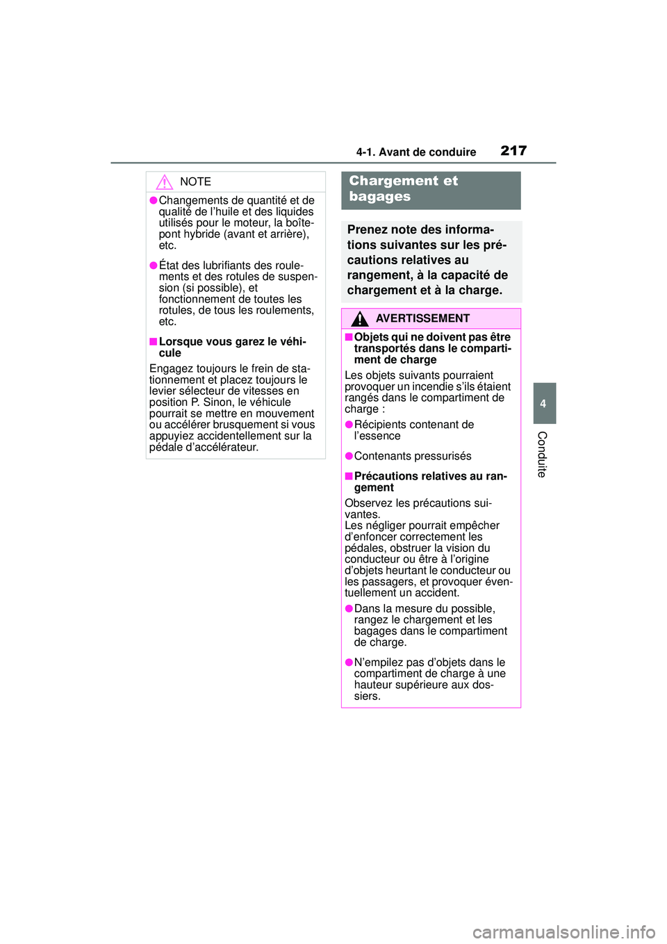 TOYOTA RAV4 HYBRID 2019  Manuel du propriétaire (in French) 2174-1. Avant de conduire
4
Conduite
NOTE
●Changements de quantité et de 
qualité de l’huile et des liquides 
utilisés pour le moteur, la boîte-
pont hybride (avant et arrière), 
etc.
●Éta