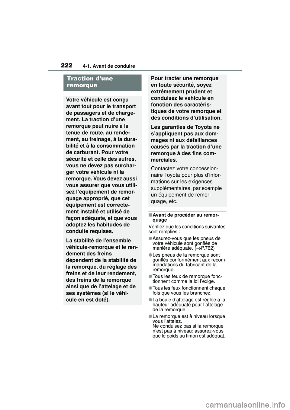 TOYOTA RAV4 HYBRID 2019  Manuel du propriétaire (in French) 2224-1. Avant de conduire
■Avant de procéder au remor-
quage
Vérifiez que les conditions suivantes 
sont remplies :
●Assurez-vous que les pneus de 
votre véhicule sont gonflés de 
manière ad