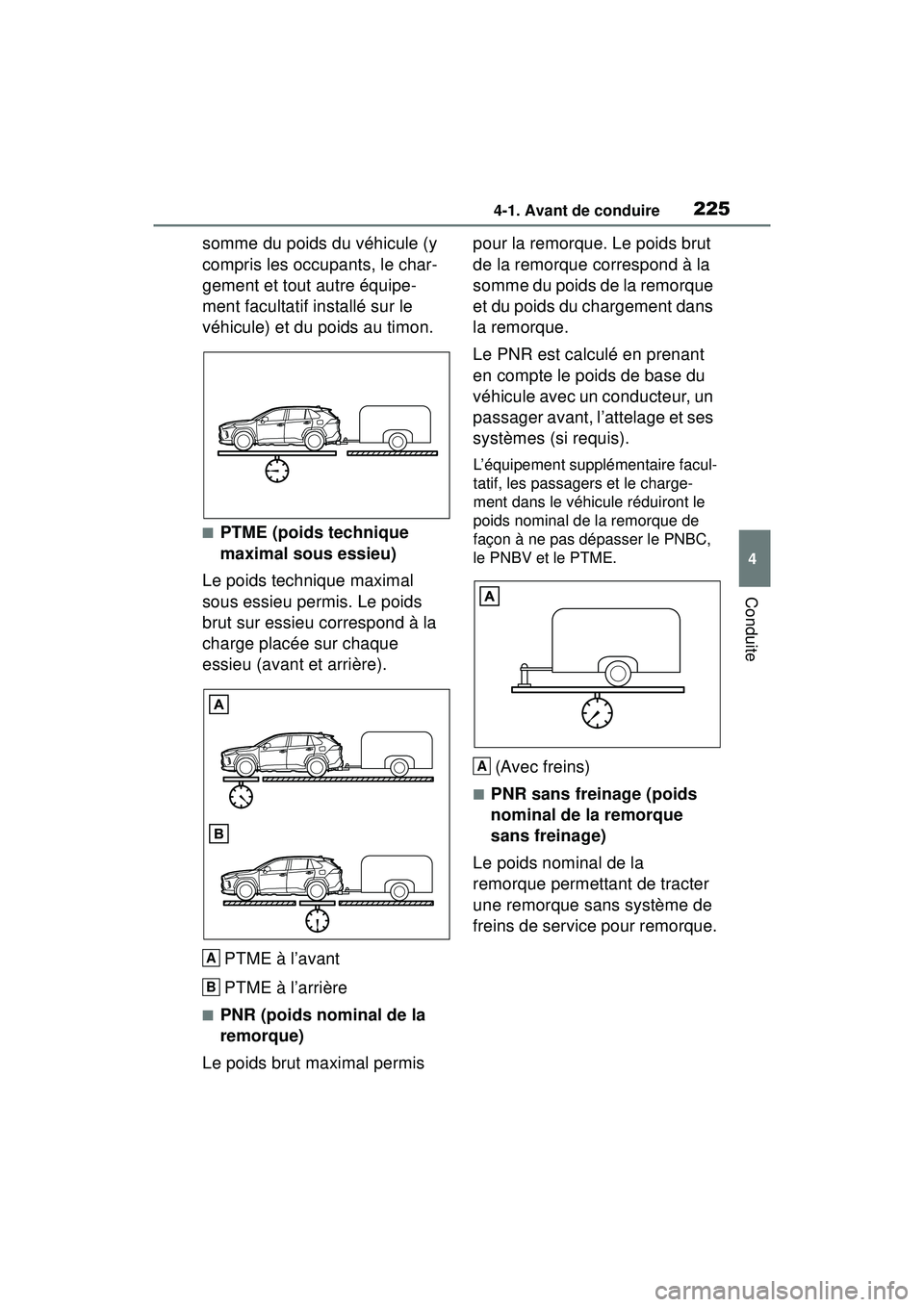 TOYOTA RAV4 HYBRID 2019  Manuel du propriétaire (in French) 2254-1. Avant de conduire
4
Conduite
somme du poids du véhicule (y 
compris les occupants, le char-
gement et tout autre équipe-
ment facultatif installé sur le 
véhicule) et du poids au timon.
