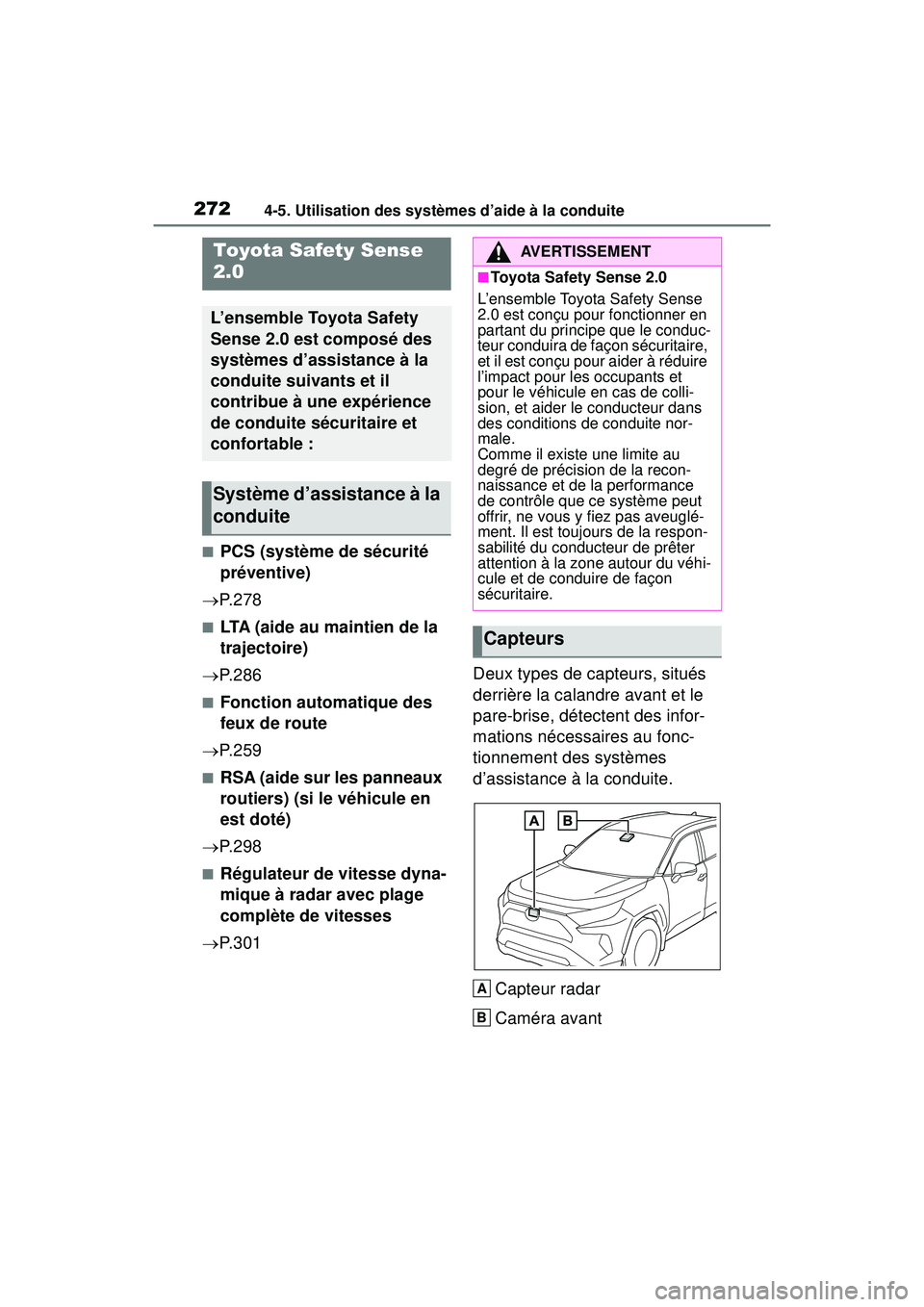 TOYOTA RAV4 HYBRID 2019  Manuel du propriétaire (in French) 2724-5. Utilisation des systèmes d’aide à la conduite
4-5 .Utilisatio n d es sys tèmes  d ’aide à la condu ite
■PCS (système de sécurité 
préventive)
 P. 2 7 8
■LTA (aide au maintie