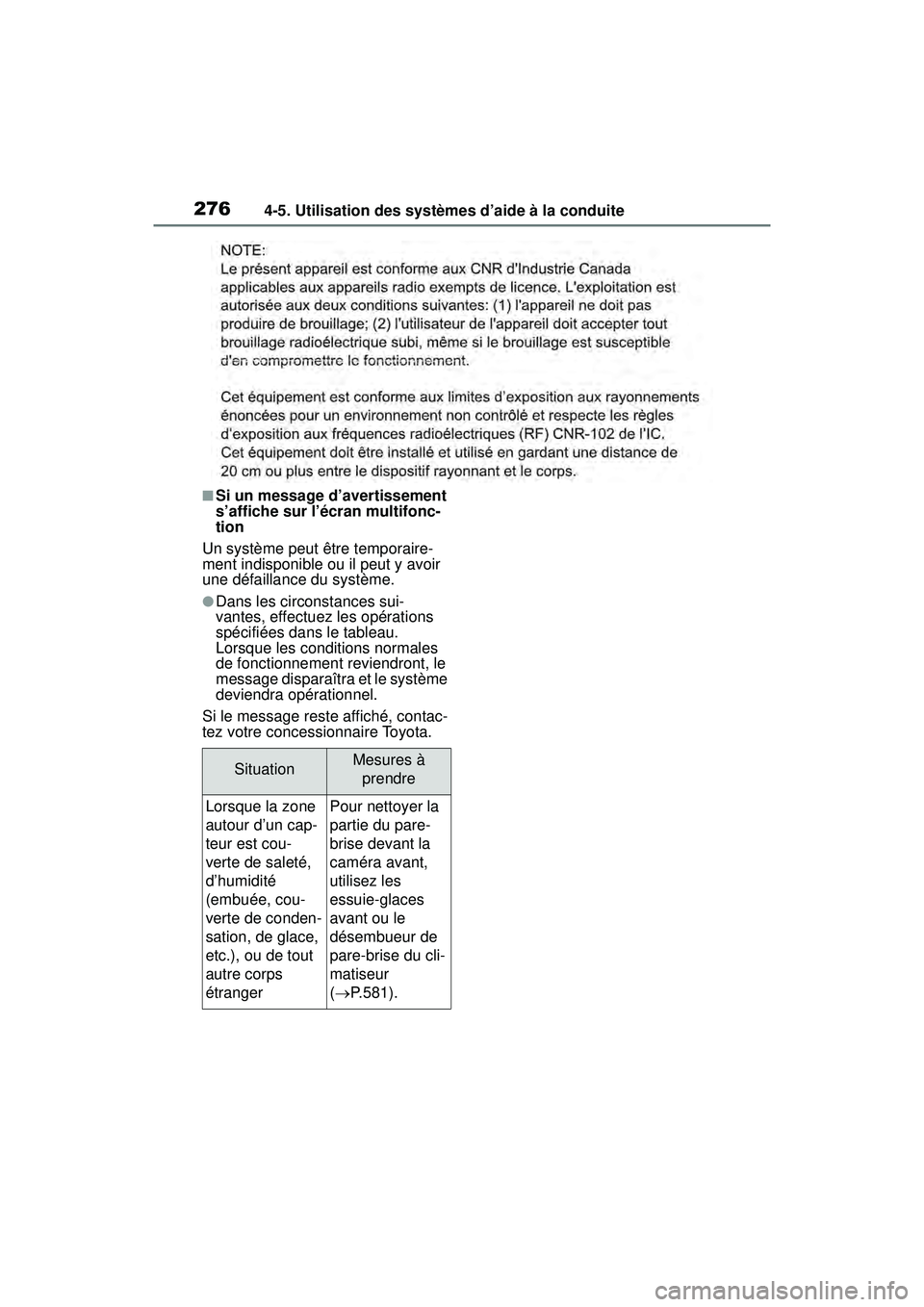 TOYOTA RAV4 HYBRID 2019  Manuel du propriétaire (in French) 2764-5. Utilisation des systèmes d’aide à la conduite
■Si un message d’avertissement 
s’affiche sur l’écran multifonc-
tion
Un système peut être temporaire-
ment indisponible ou il peut