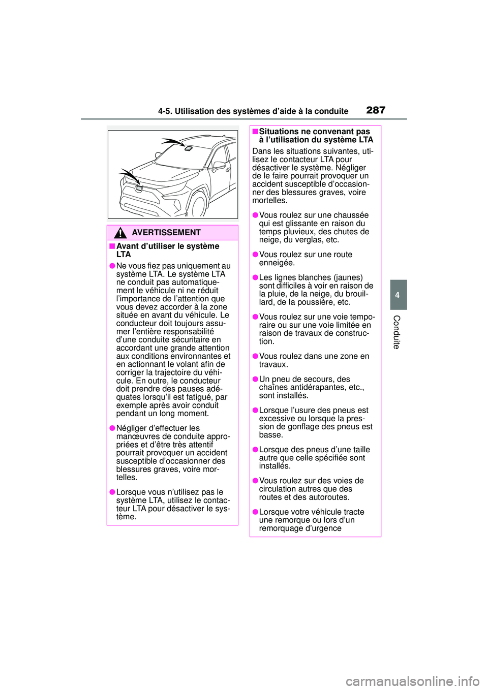 TOYOTA RAV4 HYBRID 2019  Manuel du propriétaire (in French) 2874-5. Utilisation des systèmes d’aide à la conduite
4
Conduite
AVERTISSEMENT
■Avant d’utiliser le système 
LTA
●Ne vous fiez pas uniquement au 
système LTA. Le système LTA 
ne conduit p