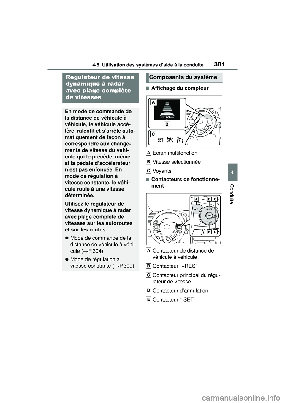 TOYOTA RAV4 HYBRID 2019  Manuel du propriétaire (in French) 3014-5. Utilisation des systèmes d’aide à la conduite
4
Conduite
■Affichage du compteurÉcran multifonction
Vitesse sélectionnée
Voyants
■Contacteurs de fonctionne-
mentContacteur de distanc