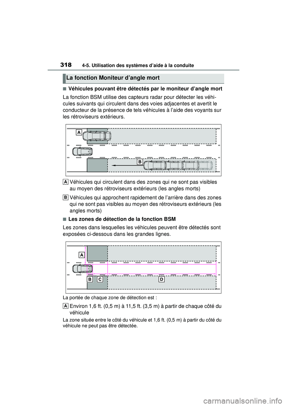 TOYOTA RAV4 HYBRID 2019  Manuel du propriétaire (in French) 3184-5. Utilisation des systèmes d’aide à la conduite
■Véhicules pouvant être détectés par le moniteur d’angle mort
La fonction BSM utilise des capteurs radar pour détecter les véhi-
cul