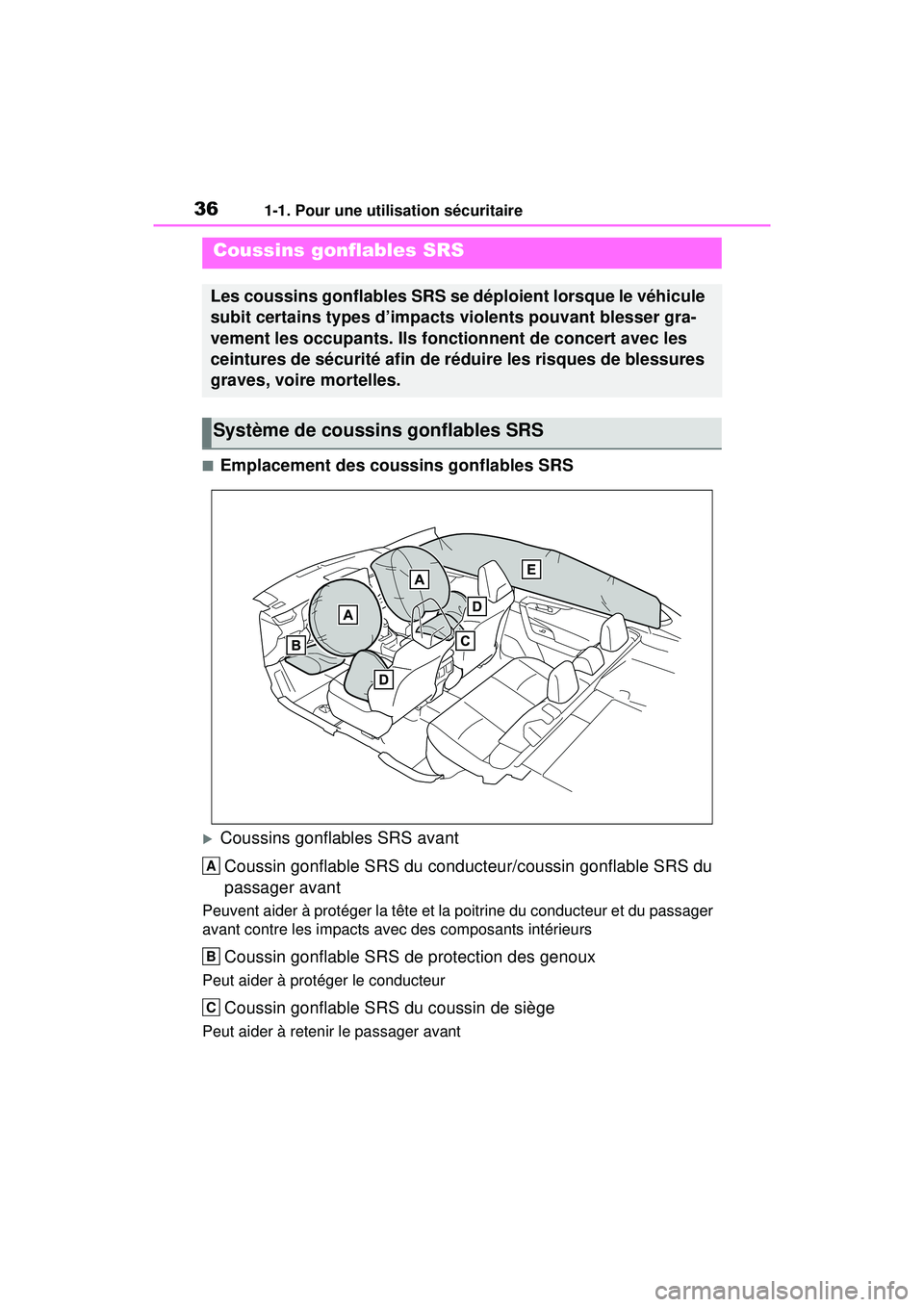 TOYOTA RAV4 HYBRID 2019  Manuel du propriétaire (in French) 361-1. Pour une utilisation sécuritaire
■Emplacement des coussins gonflables SRS
Coussins gonflables SRS avantCoussin gonflable SRS du conducteur/coussin gonflable SRS du 
passager avant
Peuvent