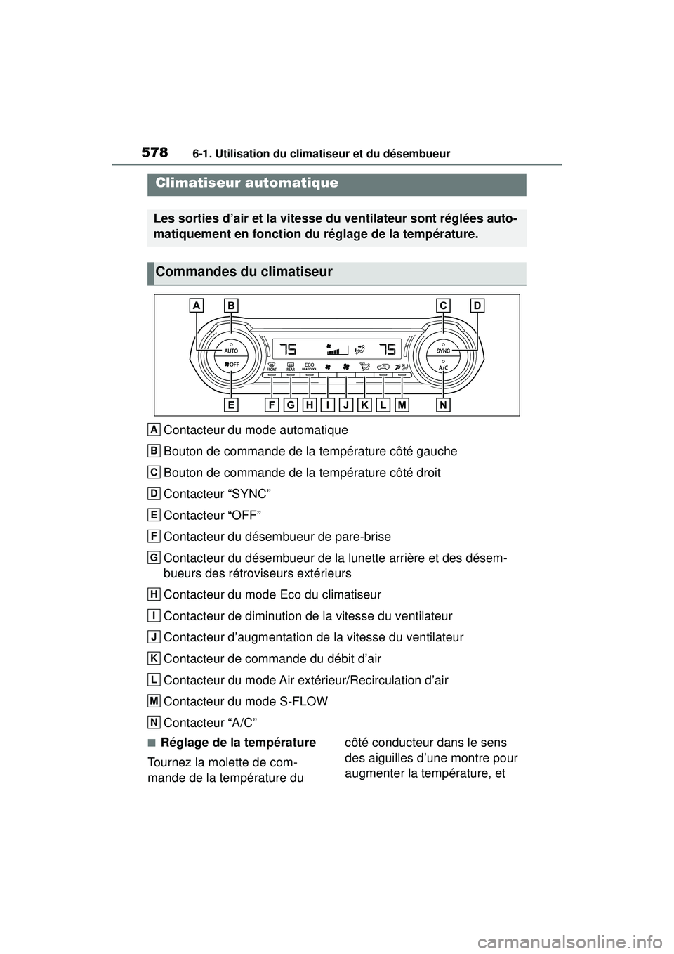 TOYOTA RAV4 HYBRID 2019  Manuel du propriétaire (in French) 5786-1. Utilisation du climatiseur et du désembueur
6-1 .Utilisatio n d u c limatise ur  et d u d ésembu eur
Contacteur du mode automatique
Bouton de commande de la température côté gauche
Bouton