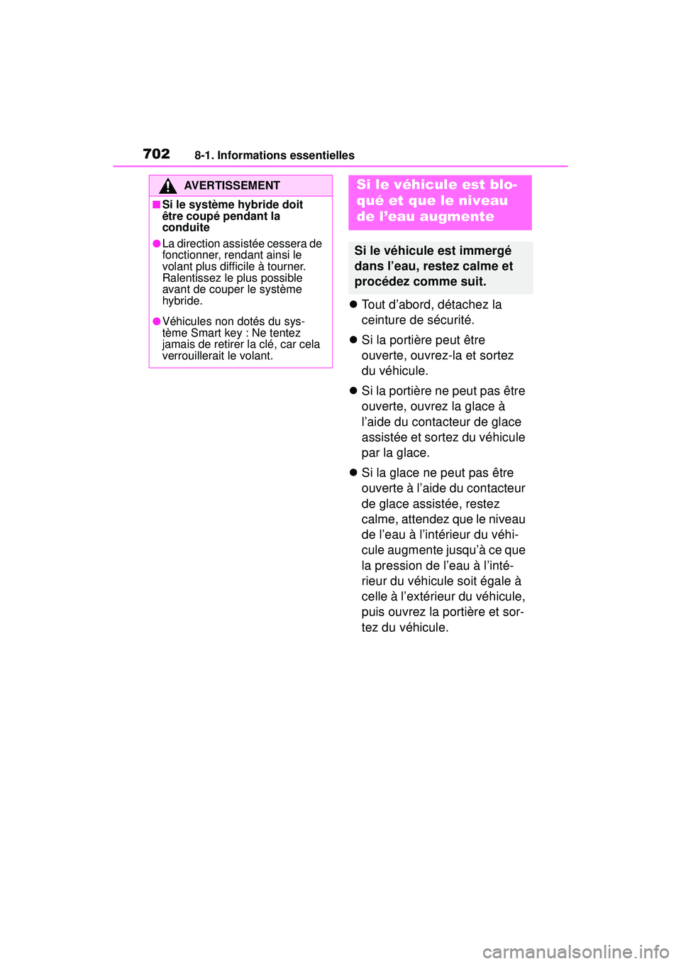 TOYOTA RAV4 HYBRID 2019  Manuel du propriétaire (in French) 7028-1. Informations essentielles
Tout d’abord, détachez la 
ceinture de sécurité.
 Si la portière peut être 
ouverte, ouvrez-la et sortez 
du véhicule.
 Si la portière ne peut pas 