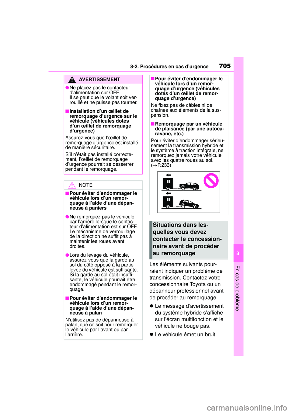 TOYOTA RAV4 HYBRID 2019  Manuel du propriétaire (in French) 7058-2. Procédures en cas d’urgence
8
En cas de problèmeLes éléments suivants pour-
raient indiquer un problème de 
transmission. Contactez votre 
concessionnaire Toyota ou un 
dépanneur profe