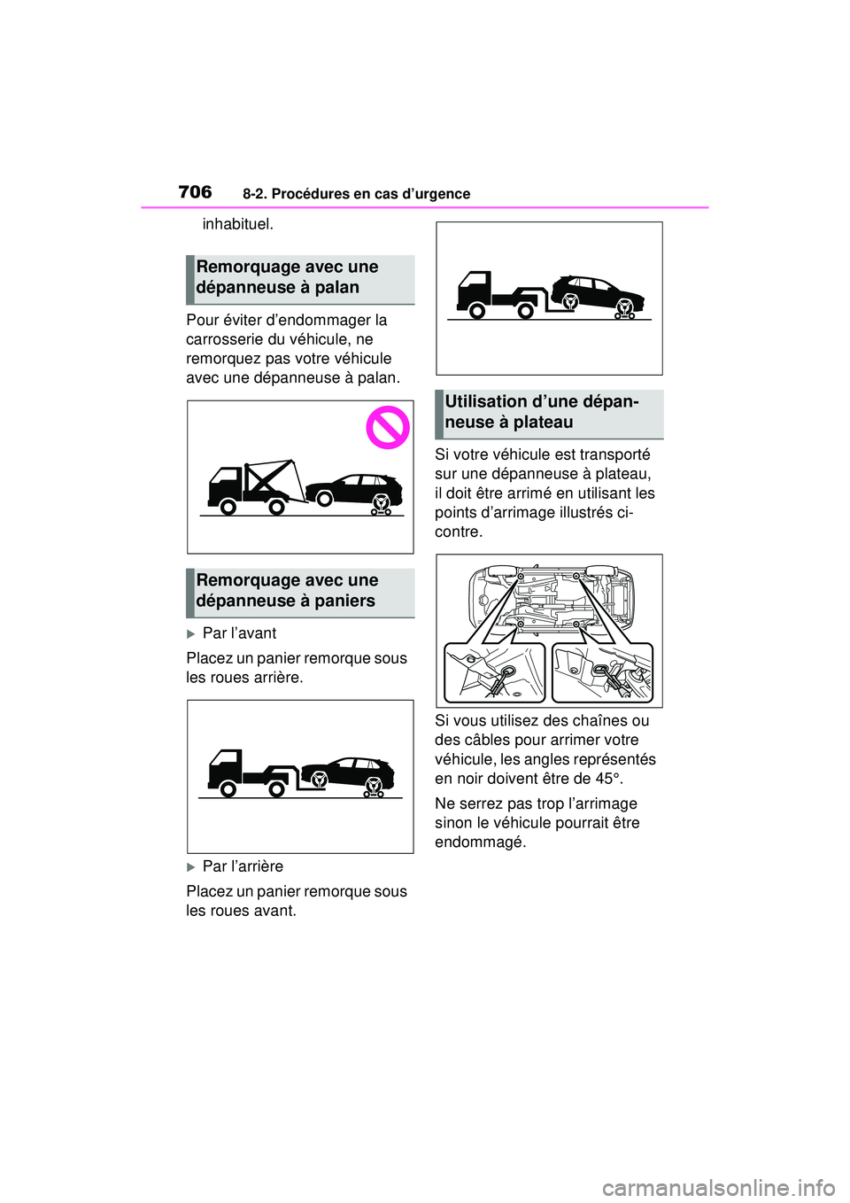 TOYOTA RAV4 HYBRID 2019  Manuel du propriétaire (in French) 7068-2. Procédures en cas d’urgence
inhabituel.
Pour éviter d’endommager la 
carrosserie du véhicule, ne 
remorquez pas votre véhicule 
avec une dépanneuse à palan.
Par l’avant
Placez u