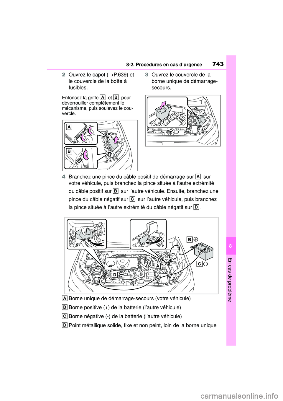 TOYOTA RAV4 HYBRID 2019  Manuel du propriétaire (in French) 7438-2. Procédures en cas d’urgence
8
En cas de problème
2Ouvrez le capot ( P.639) et 
le couvercle de la boîte à 
fusibles.
Enfoncez la griffe   et   pour 
déverrouiller complètement le 
m