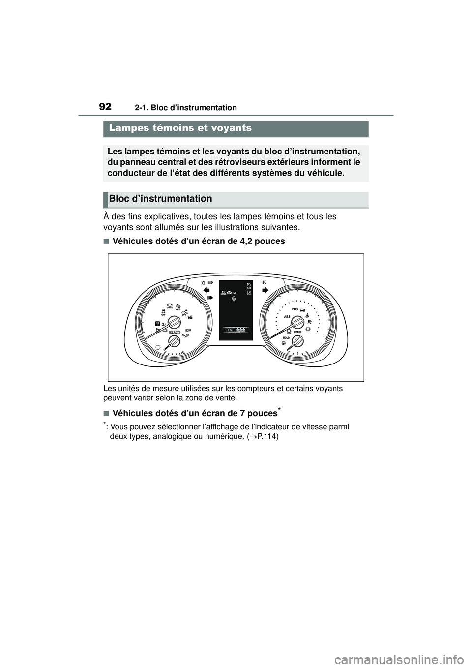 TOYOTA RAV4 HYBRID 2019  Manuel du propriétaire (in French) 922-1. Bloc d’instrumentation
2-1 .Bloc d’in strumentatio n
À des fins explicatives, toutes les lampes témoins et tous les 
voyants sont allumés sur les illustrations suivantes.
■Véhicules d