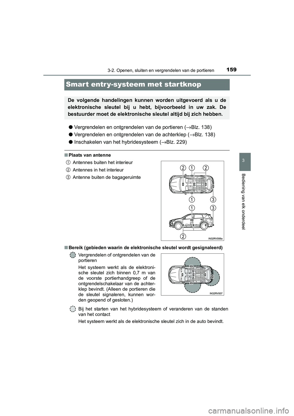 TOYOTA RAV4 HYBRID 2017 Instructieboekje (in Dutch) 159
3
3-2. Openen, sluiten en vergrendelen van de portieren
Bediening van elk onderdeel
RAV4-HV_OM_OM42B04E_(EE)
Smart entr y-systeem met startknop
●Vergrendelen en ontgrendelen van de portieren ( TOYOTA RAV4 HYBRID 2017 Instructieboekje (in Dutch) 159
3
3-2. Openen, sluiten en vergrendelen van de portieren
Bediening van elk onderdeel
RAV4-HV_OM_OM42B04E_(EE)
Smart entr y-systeem met startknop
●Vergrendelen en ontgrendelen van de portieren (