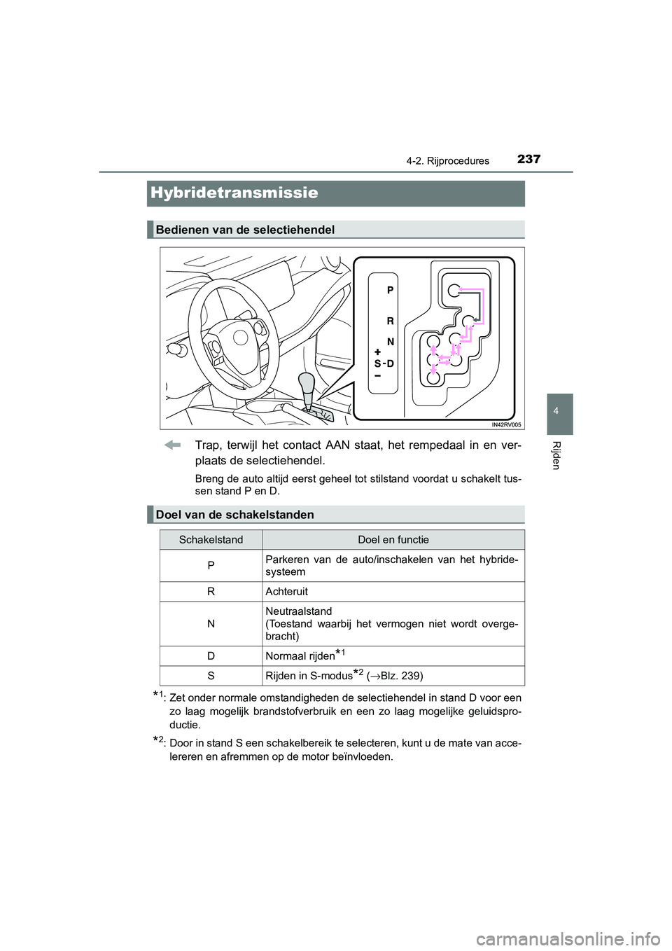 TOYOTA RAV4 HYBRID 2017  Instructieboekje (in Dutch) 237
4
4-2. Rijprocedures
Rijden
RAV4-HV_OM_OM42B04E_(EE)
Hybridetransmissie
Trap,  terwijl  het  contact  AAN  staat,  het  rempedaal  in  en  ver-
plaats de selectiehendel.
Breng de auto altijd eerst