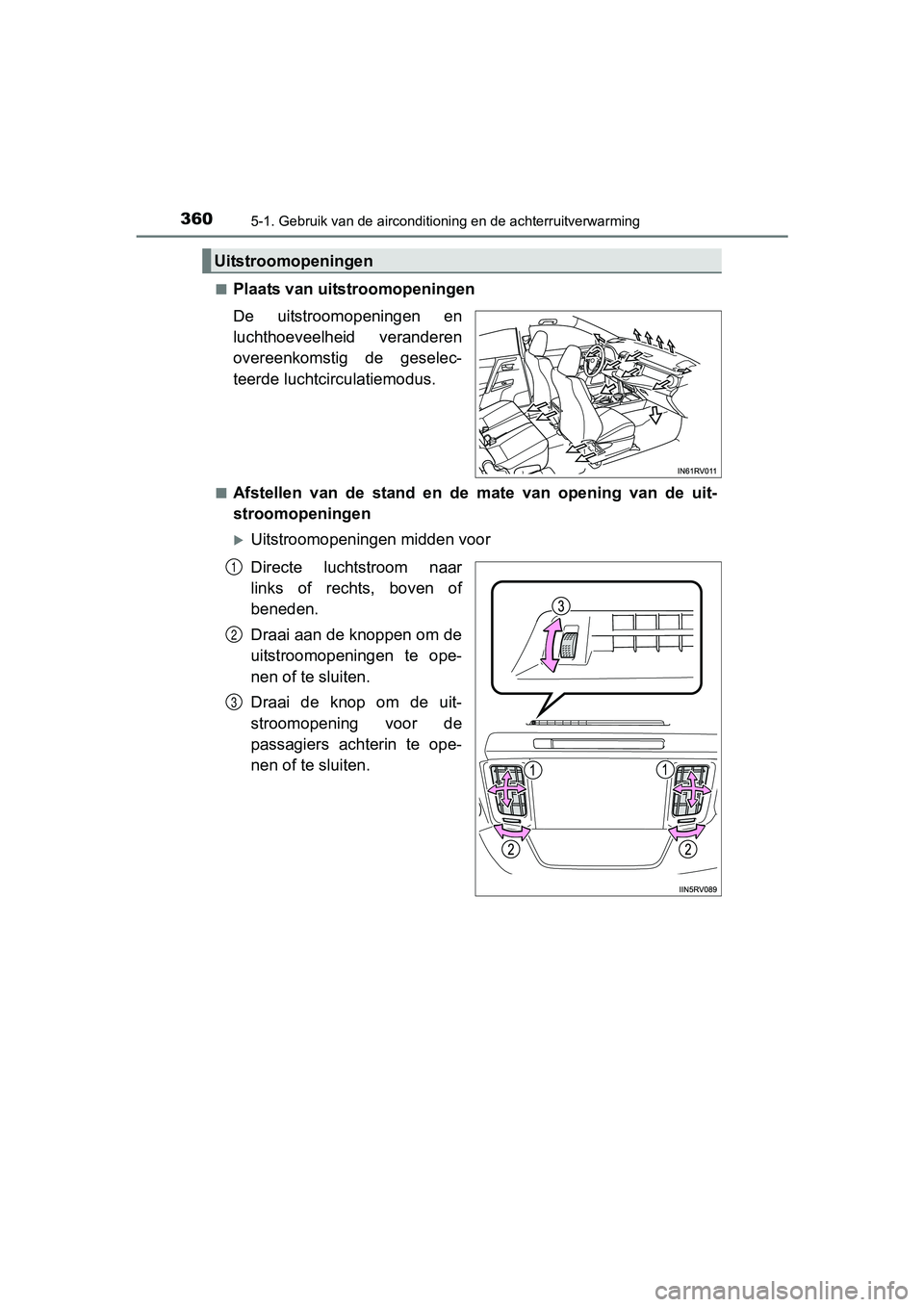 TOYOTA RAV4 HYBRID 2017  Instructieboekje (in Dutch) 3605-1. Gebruik van de airconditioning en de achterruitverwarming
RAV4-HV_OM_OM42B04E_(EE)■
Plaats van uitstroomopeningen
De  uitstroomopeningen  en
luchthoeveelheid  veranderen
overeenkomstig  de  